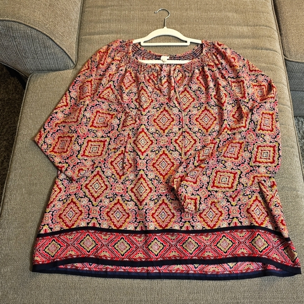 Gap Red Pink Print Abstract Casual Office Smock Tie Blouse Top Size XL